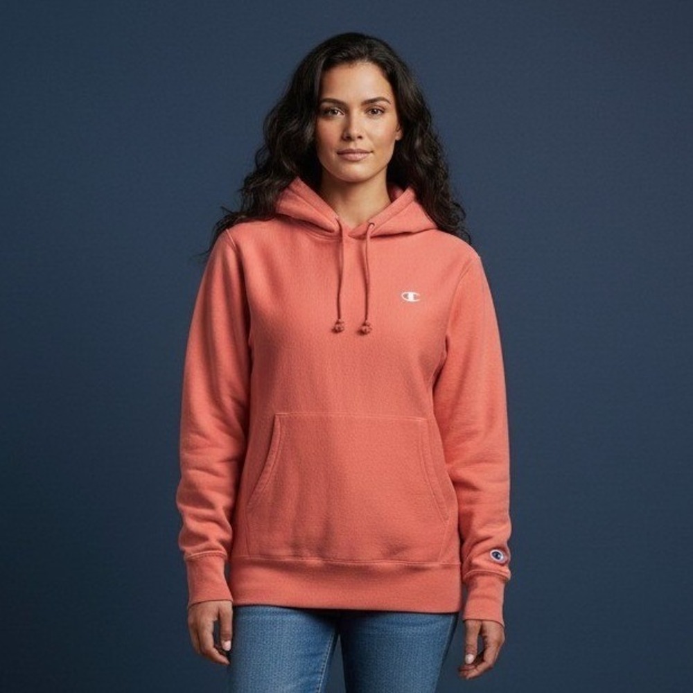 Champion Reverse Weave Hoodie Womens XS Coral Pink Sweatshirt Pullover Logo